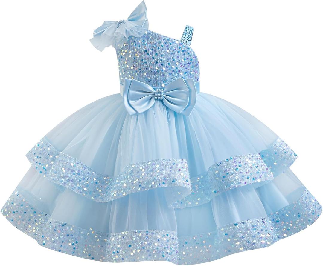 IBTOM CASTLE Girls Birthday Dress Sequin Tiered Tulle Tutu Party Flower Girl Wedding Toddler Pageant Formal Prom Gown (Blue) 130