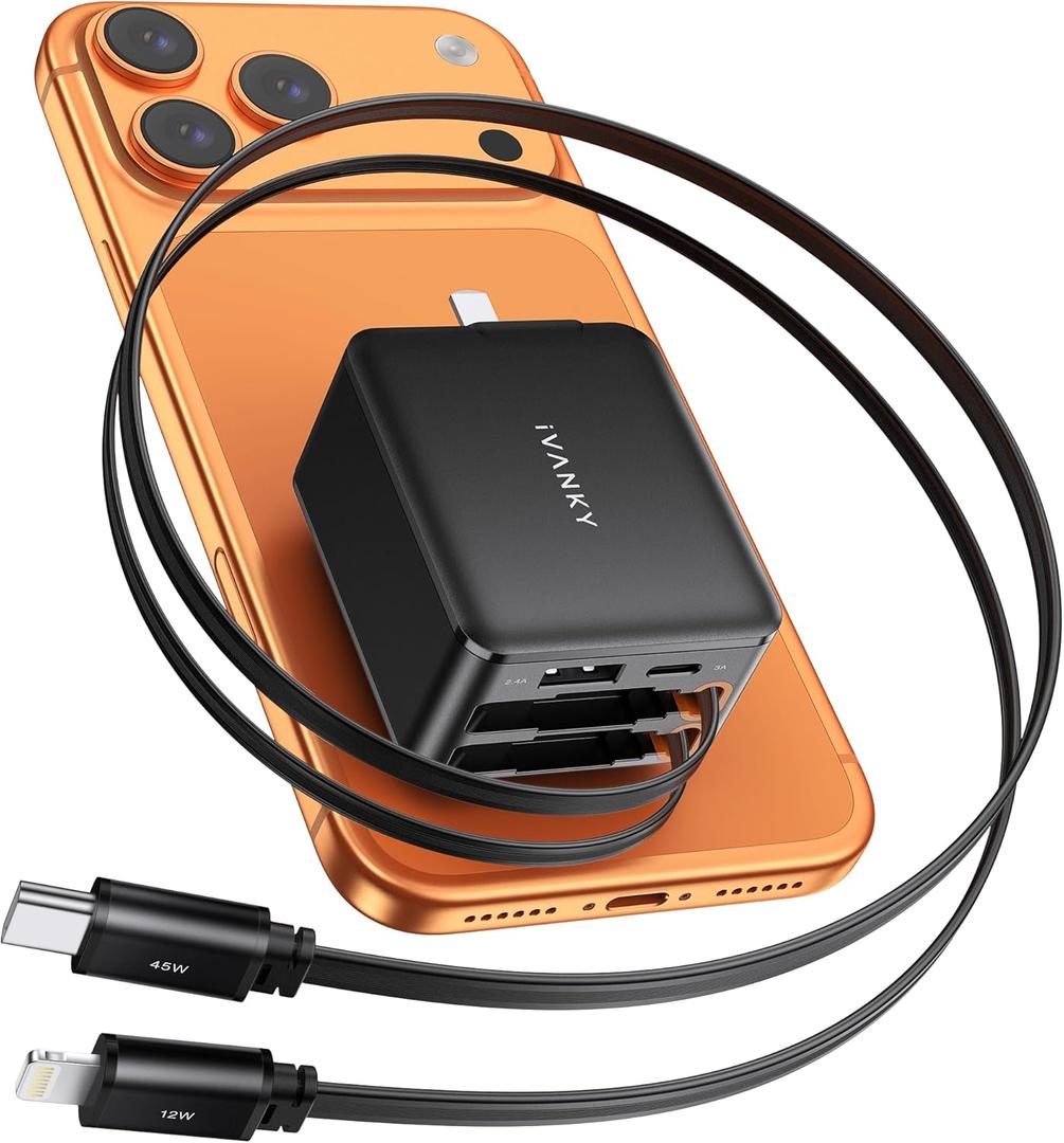 4-in-1 Retractable GaN 45W Wall Charger Plug for iPhone 17, Travel Essentials Brick Multiport Dual 31.5" Cables (USB C+Lightning) Adapter Fast Charging Block for iPhone 17/16/15/14/13/12,MacBook Neo