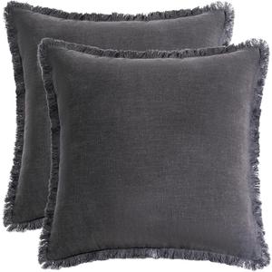 AmHoo Pack of 2 Linen Pillow Covers with Tassels Fringed Decorative Rustic Natural Throw Pillowcase Cushion for Couch Sofa Bedroom 18 x 18-Inch Dark Grey