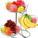 Livabber Fruit Basket Bowl with Banana Hanger, Fruit Vegetable Storage Basket with Banana Tree Holder for Kitchen Counter, Detachable Organizer for Bread Snack Produce (Chrome, 3-Tier Metal Base)