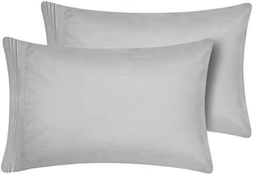 CozyLux Pillow Cases Queen Set of 2 Luxury 1800 Series Double Brushed Microfiber Bed Pillow Cases Embroidered 2 Pack 20x30 inches, Light Grey/Gray Pillow Covers with Envelope Closure