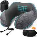 ExploreBliss Travel Pillow, Travel Pillows for Sleeping Airplane, Removable Cover Neck Pillow with Adjustable Clasp, Memory Foam Neck Pillow Set with Eye Mask, Earplugs and Storage Bag (Dark Grey)