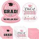 Graduation Party Plates and Napkins Pink Class of 2026 Grad Congrats Party Supplies Disposable Dessert Paper Plates Cocktail Napkins for Graduation Party Decorations, Serve 50