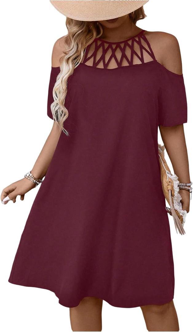 Verdusa Women's Plus Size Cold Shoulder Short Sleeve Knee Length Dress Cut Out Flowy Dress (3X-Large Plus, Burgundy)