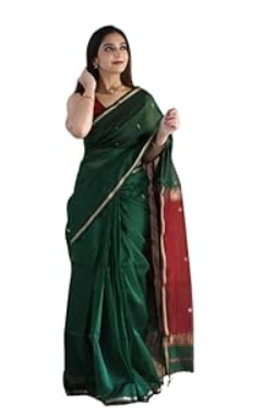 Women's Cotton Blend Saree With Zari Work & Unstitched Blouse Piece (Dark Green Blue)
