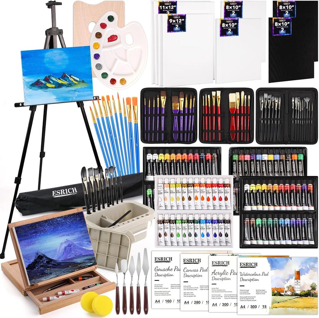 ESRICH 166 Pcs Painting Set, Painting Supplies with 96 Paint(Oil, WatercolorGouache & Acrylic Paint) Metal and Wooden Easels, Canvas, Paper Pads, 45 Paintbrushes etc. for Adults, Kids, Artists