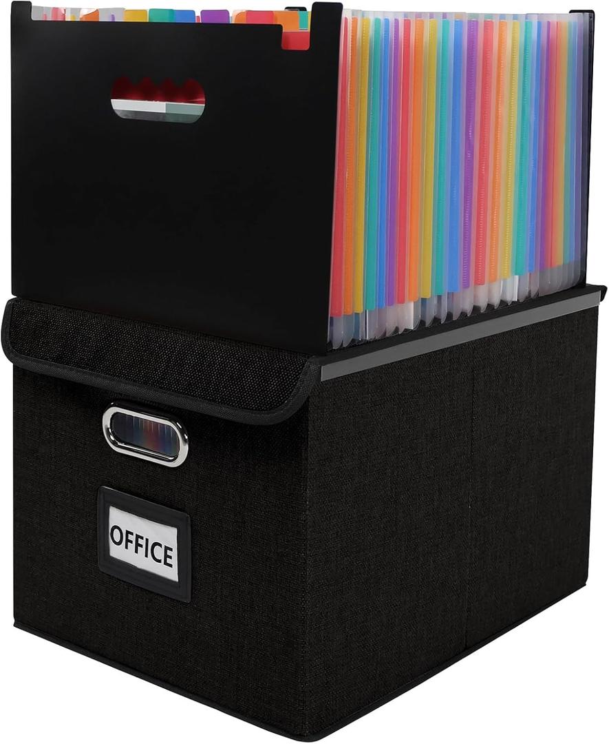 File Organizer Box with Folder, 25 Pockets Accordion File Organizer with Colored Labels, Upgraded & Portable File Folders for Home, Office, School, Black