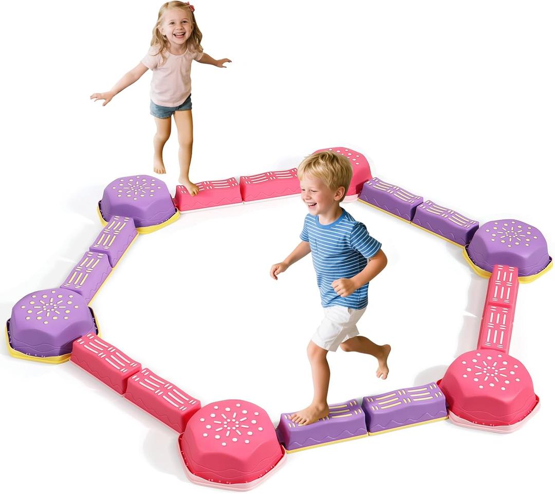 18 Pieces Non-Slip Balance Beam Stepping Stones for Kids 3 Years + Stackable Obstacle Course Balance Board for Toddlers Thicken Plastic Hold up 220LBS Indoor Outdoor Sensory Toy