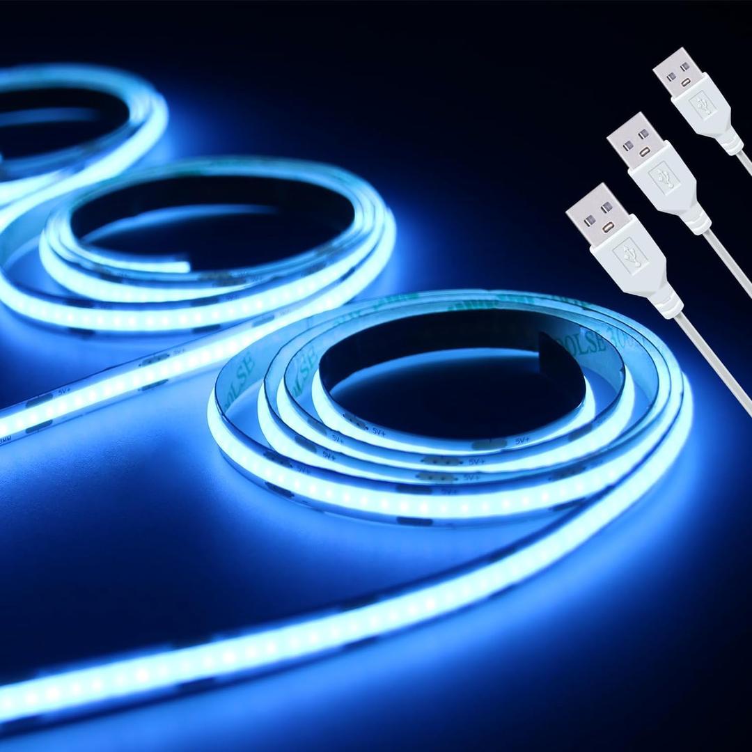 LED Strip Lights ICE Blue COB 320 LEDs High Brightness Indoor Use Flexible Thin LED Lights for Home DIY Display Cabinet 5V USB LED Short Light, Commercial Decoration TV Lights (3.28FT/3Pack)