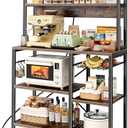 SUPERJARE Bakers Rack with Power Outlet, 35.4 Inches Coffee Bar with Wire Basket, Kitchen Microwave Stand with 6 S-Shaped Hooks, Open Storage Shelves, Rustic Brown