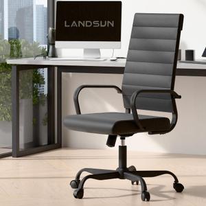 LANDSUN Home Office Chair High Back Executive Chair Ribbed Leather Computer Desk Chair with Armrests Soft Pad Adjustable Height Swivel Conference Black Frame, 29 inches x 29 inches x 43.5 inches