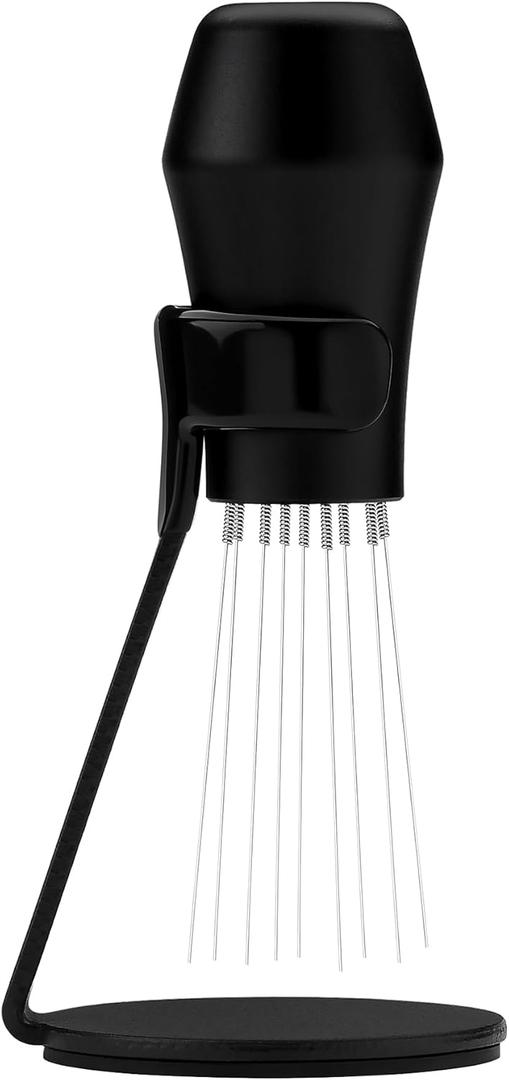 Normcore WDT Distribution Tool with Stand V3-9 Prong Needle Espresso Stirrer - 18 Needles 0.25mm / 0.3mm Thick Spring Wires - Weiss Distribution Technique - Anodized Aluminum Handle (Black)