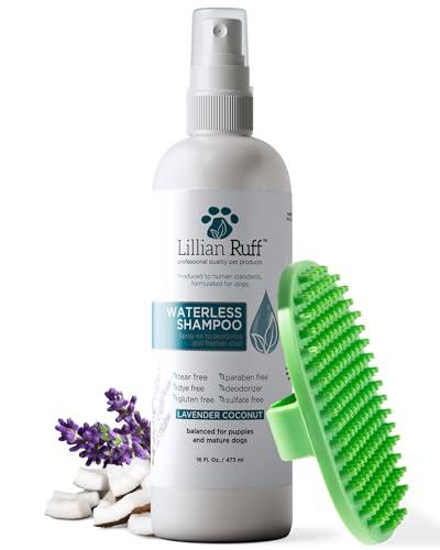 Lillian Ruff Waterless No-Rinse Dog Dry Shampoo Spray with Hydrating Essential Oils - pH-Balanced Dry Shampoo for Dogs - Clean, Condition, Detangle & Deodorize Dry, Sensitive Skin (16oz/Brush)