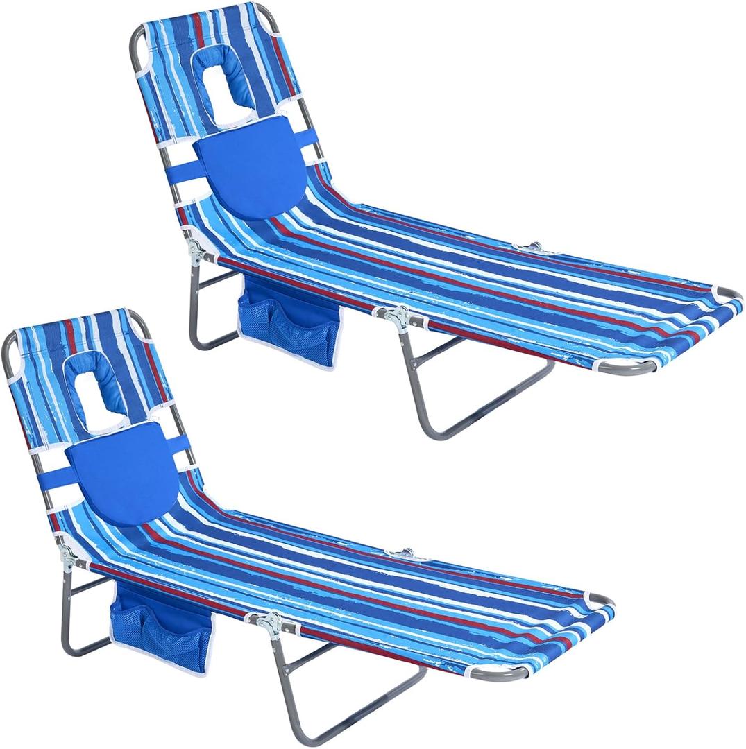 SUNNYFEEL Lay Flat Tanning Chair with Face Down Hole & Arm Slots, Backpack Beach Lounge Chair, 5-Position Folding Sunbathing Chair, 300 LBS Heavy Duty, 72" L x 22" W for Beach, Pool, Camping, Standard -2PCS