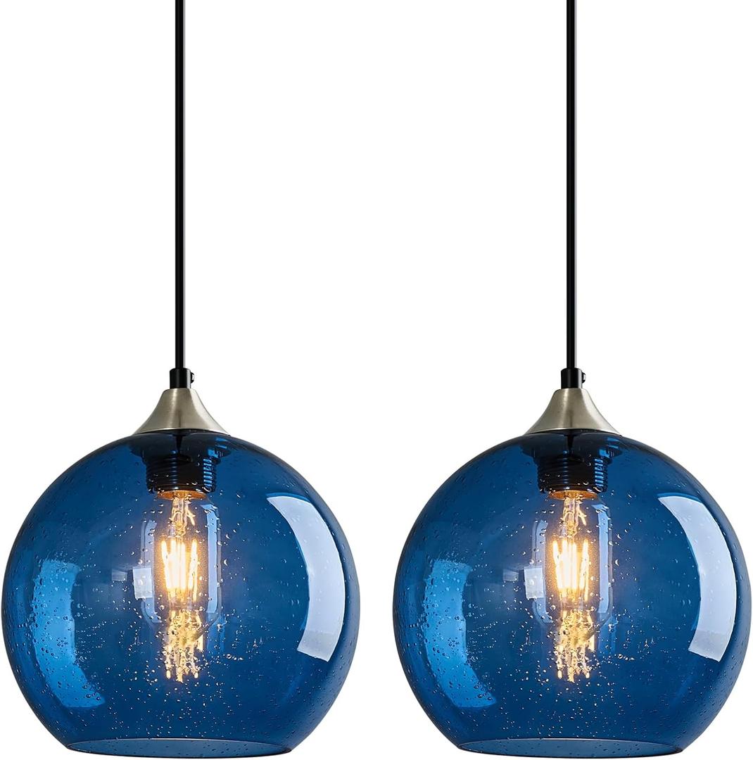 Blue Glass Pendant Lights Kitchen Island Lighting Globe Pendant Light Fixtures Modern Pendant Lighting for Kitchen Island Bedroom Living Dining Room Light Fixture(7.87in, 2-Pack)