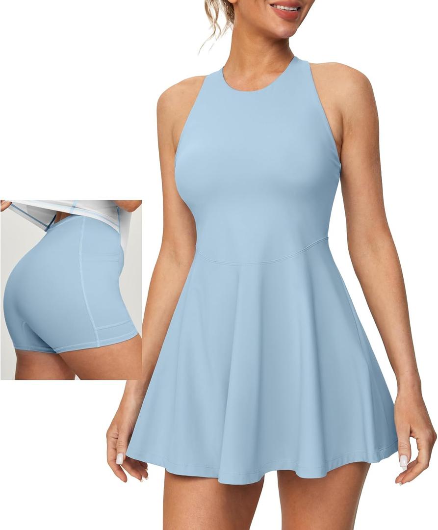 Heathyoga Womens Tennis Dress with Shorts Underneath Athletic Dress for Women Summer Romper Dresses with Pockets Golf Outfits (Large, Light Blue)