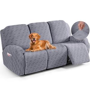 TAOCOCO Recliner Sofa Covers Stretch Reclining Couch Cover, Jacquard Recliner Couch Cover for 3 Seat Furniture Protector Sofa Slipcovers with Elastic Bottom for Kids, Pets (Light Grey)