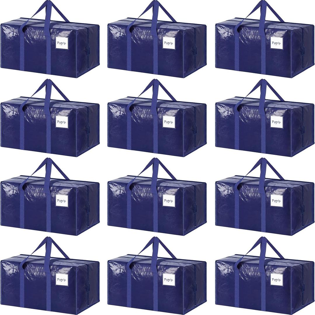 12 Pack Extra Heavy Duty Large Moving Bags with Strong Zipper & Comfortable Handles, Sturdy & Durable Clothes Storage Bags Totes Bins, Packing Moving Boxes for College Supplies, Dark Blue