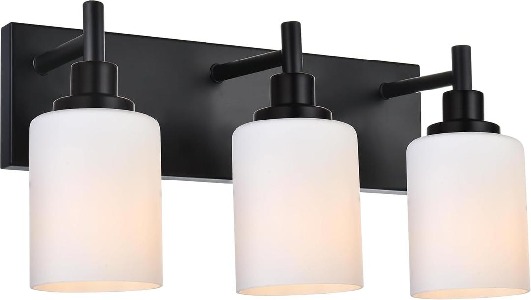 MELUCEE 3-Light Black Bathroom Light Fixtures, Modern Vanity Light Over Mirror Wall Sconces with Milky White Frosted Glass Shades, Suit for Bathroom Dressing Room Laundry Room Kitchen, E26 Socket