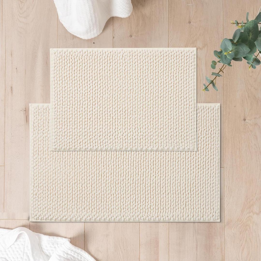 FRESHMINT Chenille Bath Rugs Set - 2 Piece (17"x24" + 20"x32"), Non-Slip Bath Mats, Absorbent, Washable, Cream White