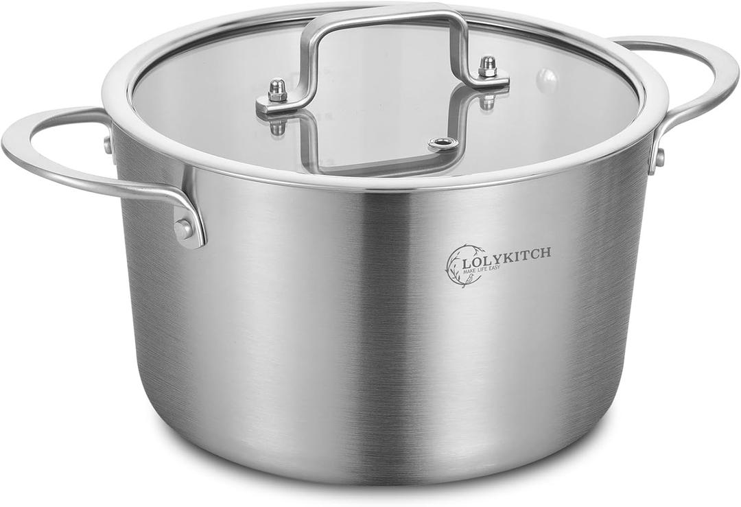LOLYKITCH Tri-Ply 3 Quarts Stainless Steel Induction Cooking Pot,Small Stock Pot,Sauce Pot with Lid,Dishwasher and Oven Safe.