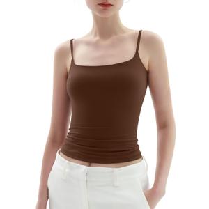 PUMIEY Women's Square Neck Tank Top Adjustable Spaghetti Straps Sleeveless Basic Tops Sharp Collection (Large, Chocolate)
