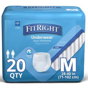 Medline Fitright Ultra Protective Underwear, Medium, 28" to 40" Waist, 20/Pack, 4 Pack/Carton