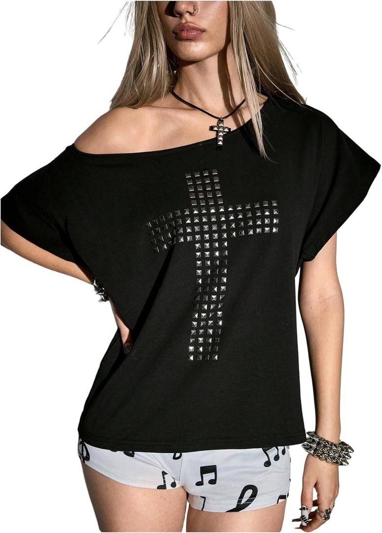 Milumia Women's Y2k Punk Off Shoulder Short Sleeve T Shirt Grunge Ripped Backless Going Out Tee Tops