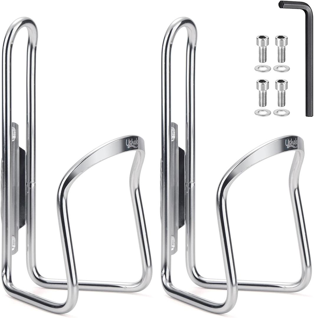 USHAKE Water Bottle Cages, Basic MTB Bike Bicycle Alloy Aluminum Lightweight Water Bottle Holder Cages Brackets(2 Pack- Drilled Holes Required) (Silver)