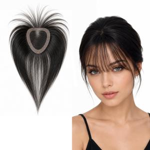 Anemone Human Hair Topper 20g Clipless Magic Paste Hairpiece 8x10cm Free Parting Lace Fringe Bangs for Thinning Hair No Clips (1B Lace French Bangs)