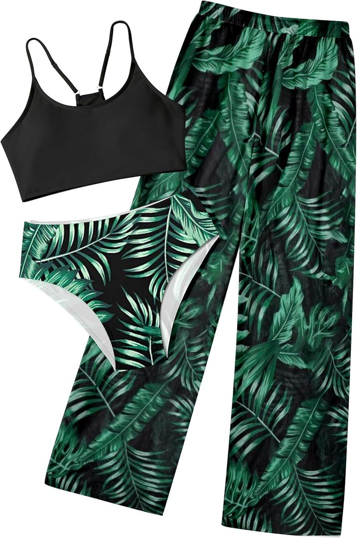 NECIOUS Girls Swimsuit, 3 Piece Bikini Bathing Suit Tropical Floral Swimwear with Cover Up Pants  (13-14 Years, Black Green)