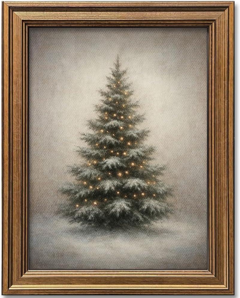 Gold Framed Vintage Christmas Tree Canvas Wall Art Farmhouse Rustic Pine Tree Winter Print Botanical Holiday Decor for Living Room Bedroom Entryway (Vintage Christmas Tree, 16L" x 12W")