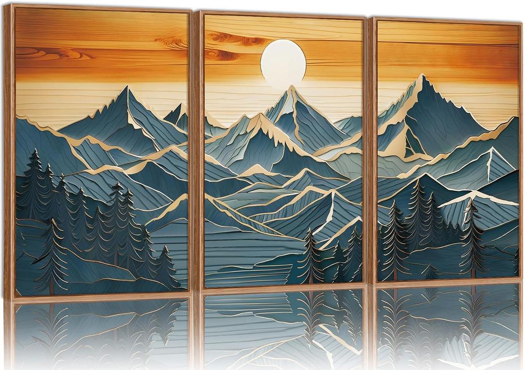 Tinonedraw Large Mountains Framed Canvas Wall Art Set of 3, Boho Nature Woodcut Forest Art Prints, Mid Century Modern Wall Decor, Sunset Landscape Art Paintings for Living Room Bedroom Office 16"x24", 24L" x 16W"