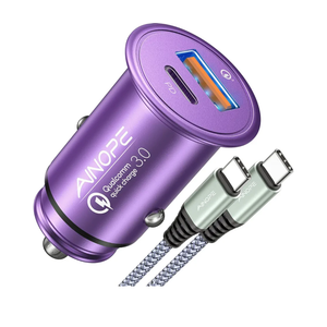 AINOPE 67.5W Car Charger USB C Fast Charging, [Mini & Compact] iPhone 16 Car Charger, Dual Port QC3.0 Cigarette Lighter Adapter USB Charger, Car Charge for iPhone 16 15 Samsung Galaxy Android, Purple