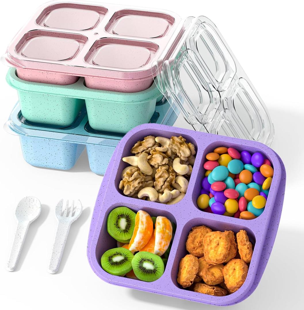 Bento Snack Containers(4 Pack), 4-Compartment Meal Prep Containers Reusable, Snackle Box Container for Kids and Adults, Divided Lunchable Container Food Storage Containers for School, Work, Travel