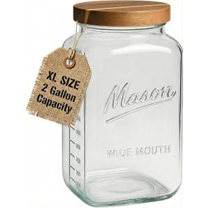 kitchentoolz 2 Gallon Glass Mason Jar with Airtight Wooden Lid  Wide Mouth Square Storage Container with Measurement Marks  Ideal for Pantry Organization, Dry Goods & Food Prep (Pack of 1)