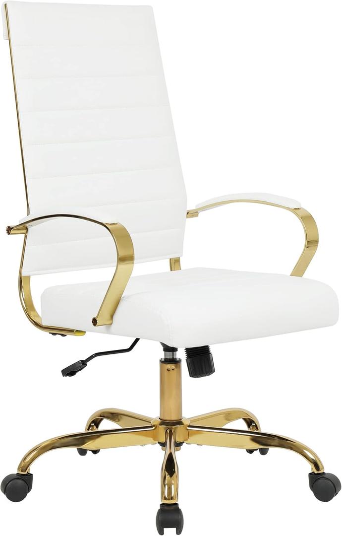 LANDSUN Home Office Chair High Back Executive Chair Ribbed PU Leather Computer Desk Chair with Armrests Soft Padded Adjustable Height Swivel Conference Gold Frame White