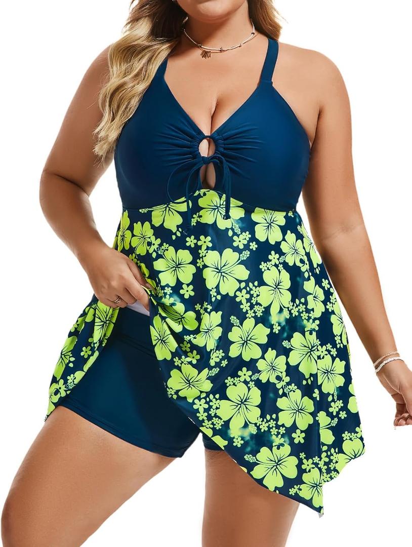 Hanna Nikole Women Plus Size One Piece Swimsuit Cut Out Adjustable Bathing Suit Tummy Control Swim Dress Swimwear with Shorts (Yellow Floral) 22W