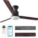 Obabala Ceiling Fans with Lights, 42 inch Flush Mount Ceiling Fan with Light and Remote Control & APP Reversible Dimmable Noiseless Ceiling Fan for Bedroom Indoor/Outdoor (Vintage Gray Maple Walnut)