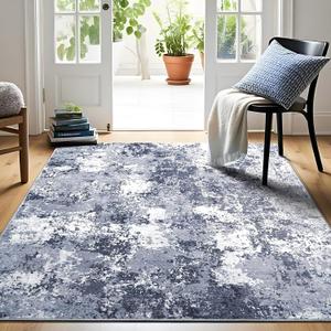Modern Abstract 3x5 Washable Rug, Non Slip Area Rug, Soft Low Pile Ultra Thin Entryway Rugs, Stain Resistant Distressed Doormat for Indoor Entry, Living Room, Bedroom, Bedroom, Blue White