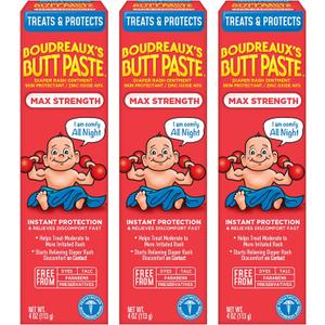 Boudreaux's Butt Paste Maximum Strength Diaper Rash Cream, Ointment for Baby, 4 oz Tube, 3 Pack