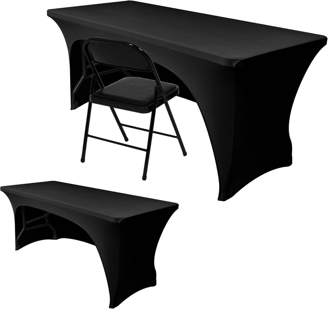 Nasitos 2 Pack Black Table Cloth Rectangle - 8 ft Spandex Stretch Tablecloths Fitted, Washable, Wrinkle-Free for Parties, Banquet & Trade Shows
