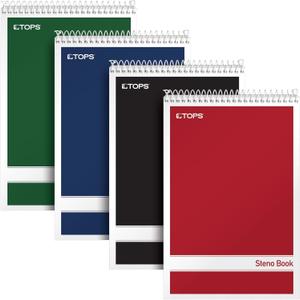 TOPS Spiral Steno Books, 6" x 9", Gregg Rule White Paper, Assorted Covers, 80 Sheets per Book/4 Books per Pack (80220)