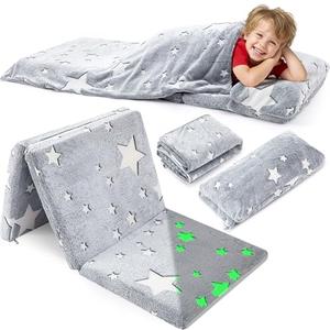 Hillsuren Toddler Nap Mat with Removable Pillow and Blanket, Foldable Floor Mattress for Kids, All-in-one Sleeping Bag for Preschool Daycare Travel Camping Sleep Mat, 21" x 50"