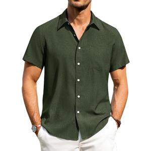 Alimens & Gentle Mens Linen Shirts Short Sleeve Button Down Shirts Wrinkle Free Casual Vacation Beach Summer Tops (Green, M)