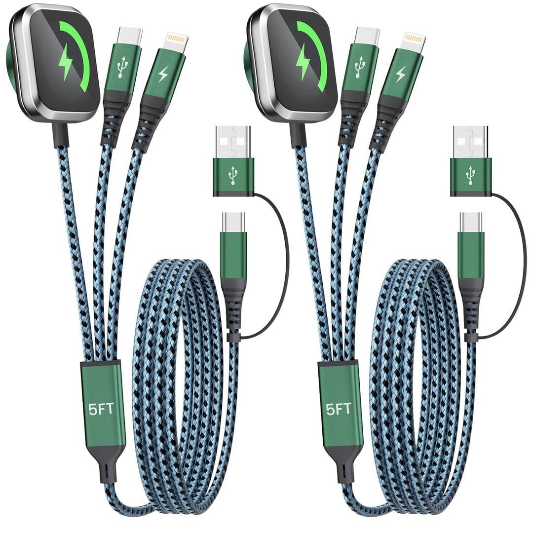 Travel Essentials for iPhone iWatch Charger, 3 in 2 USB Cable for iWatch/iPhone Charger/L Port, Beach Vacation Essentials USB C Cord Compatible with iWatch 10-1/iPhone 17-11/PS/Galaxy/Car, 2Pack 5FT