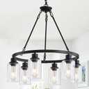 6-Light 24" Modern Farmhouse Chandeliers for Dining Room,Wagon Wheel Black Chandelier,Adjustable Height Hanging Round Pendant Lights for Kitchen Island Clear Glass Shade Ceiling Light fixtures