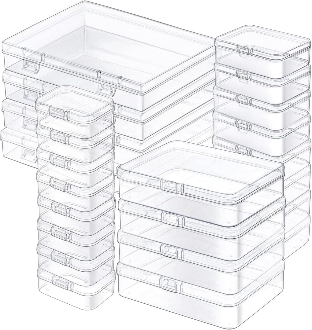 24 Pack Mixed Sizes Rectangular Mini Plastic Containers Clear Plastic Storage Boxes with Hinged Lids and Labels Empty Beads Organizers for Small Items Art Craft Jewelry Projects