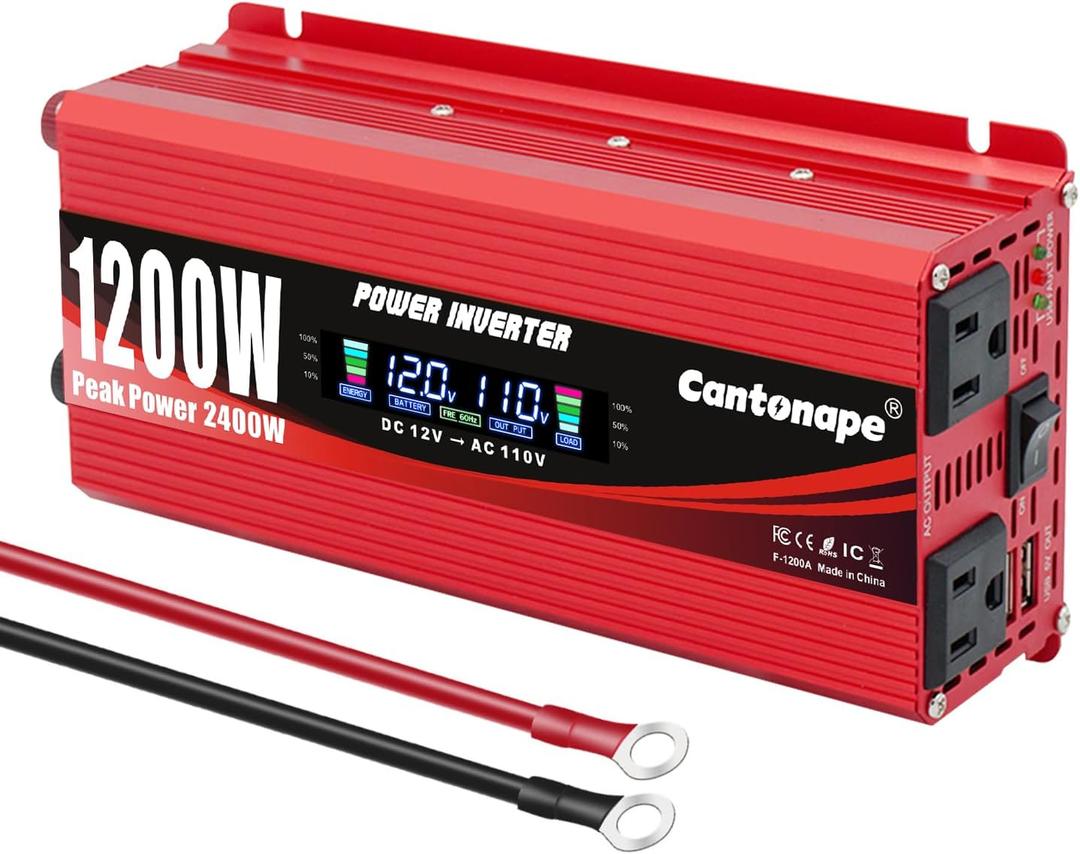 Cantonape 1200W Car Power Inverter DC 12V to 110V/120V AC Converter with LCD Display Dual AC Outlets and Dual USB Car Charger for Car Camping Laptop Truck Red