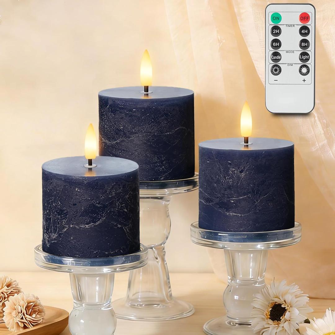 Navy Blue Flameless Candles with Remote and Timer, 3"x3" Real Wax Battery Operated Pillar Candles with 3D Flickering Flame, Set of 3